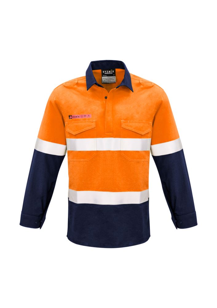 Men's flame-resistant shirt in orange and navy with concealed closure, gusseted sleeves, and two chest pockets for safety.