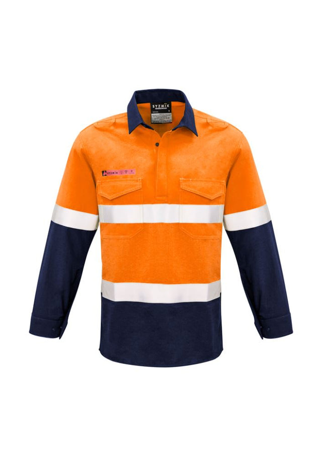 Men's flame-resistant shirt in orange and navy with concealed closure, gusseted sleeves, and two chest pockets for safety.