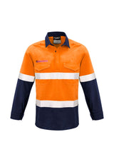 Men's FR Closed Front Shirt in Orange/Navy with safety features, mesh ventilation, and durable fabric for reliable workwear.