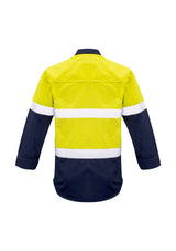 Men's flame-resistant yellow and navy shirt with closed front, FR tape, and ventilation for safety and comfort.
