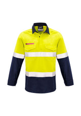 Men's FR Closed Front Hooped Taped Spliced Shirt in Yellow and Navy, featuring flame-resistant fabric and unique gusset sleeves for mobility.