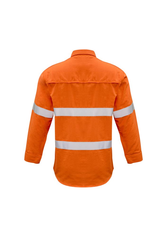 Men's orange FR shirt with concealed front, gusset sleeves, two chest pockets, and FR-rated mesh for safety and comfort.