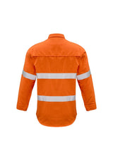 Bright orange men's FR shirt with closed front, taped details, mesh ventilation, and safety features in size 7XL.