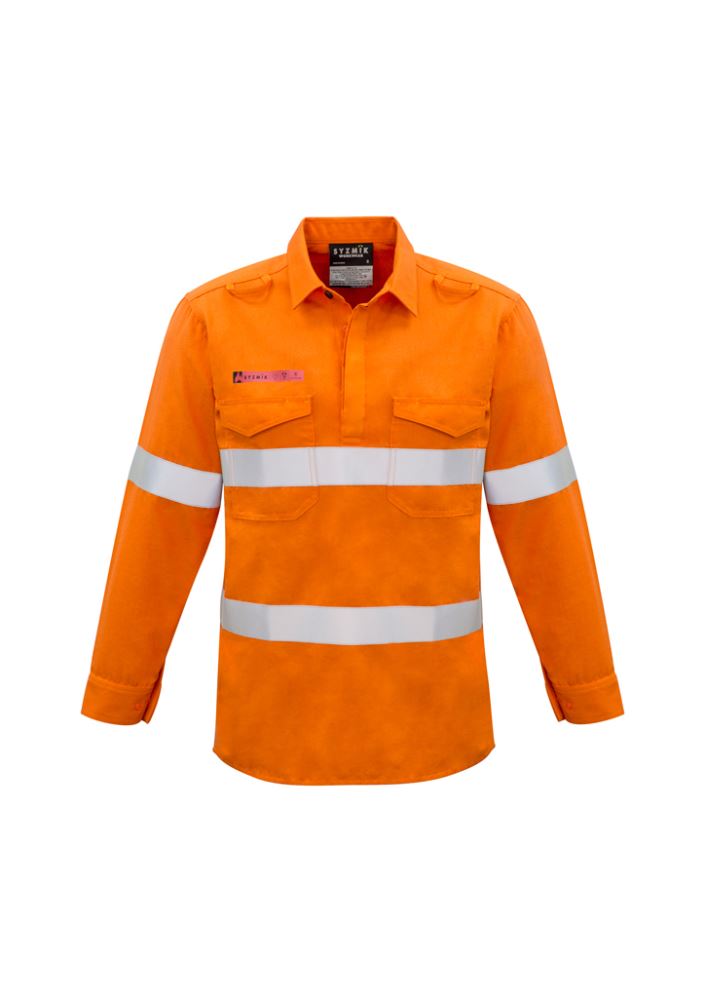 Men's orange FR closed front taped shirt with gusset sleeves, breathable mesh, and two chest pockets for safety and comfort.