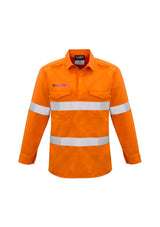 Men's orange FR shirt by Syzmik, featuring flame-resistant fabric, pocket closures, and cooling mesh panels for safety and comfort.