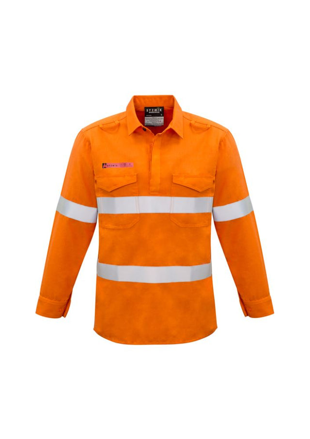 Vibrant orange men's FR work shirt with closed front, taped shoulders, and mesh ventilation, size 7XL for safety-focused professionals.