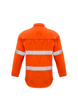 Bright orange flame-resistant work shirt with practical features like pockets, breathable mesh, and safety tape, ideal for tough jobs.