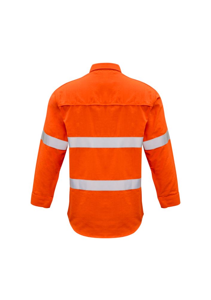 Bright orange flame-resistant work shirt with breathable fabric, reflective tape, and dual chest pockets for safety and comfort.