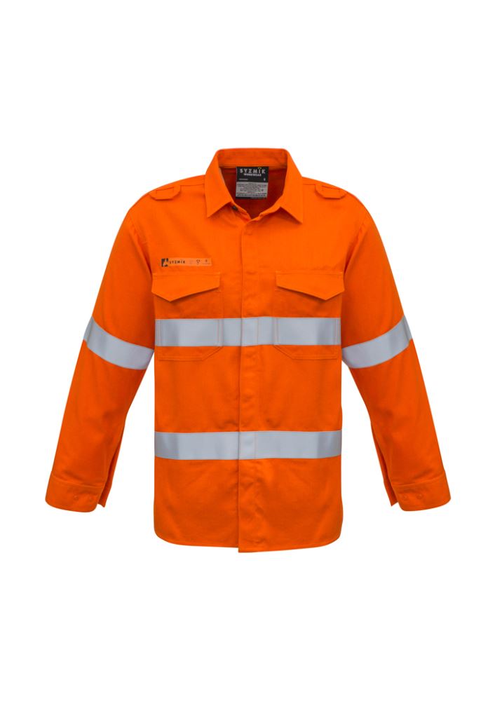 Flame-resistant orange shirt with breathable fabric, two chest pockets, and reflective tape for high visibility and safety.