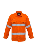 Flame-resistant orange shirt with breathable fabric, two chest pockets, and reflective tape for high visibility and safety.