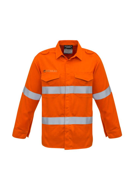 Flame-resistant orange shirt with breathable fabric, two chest pockets, and reflective tape for high visibility and safety.