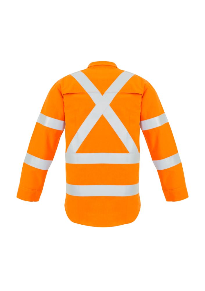 Bright orange safety shirt with X-back taping, reflective details, and breathable mesh for comfort in work environments.