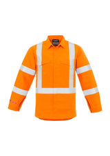 Bright orange 2XL work shirt with X-back taping, breathable mesh, and reflective safety features for hazardous environments.