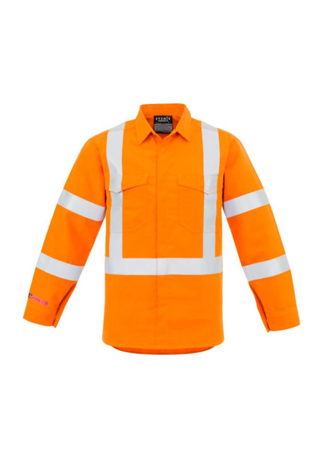 High-visibility orange men's shirt with fire-resistant features, twin hoop tape for safety, and breathable mesh for comfort.
