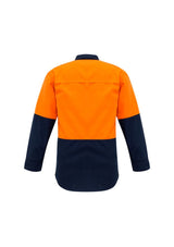 High-visibility orange and navy spliced shirt with flame protection, breathable mesh, and secure chest pockets for safety.