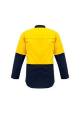 High-visibility yellow and navy men's work shirt, lightweight, with FR-rated features for safety in hazardous environments.