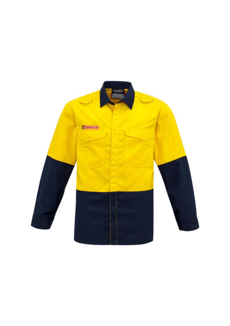 Men's Hi-Vis Spliced Shirt in Yellow/Navy, lightweight, fire resistant, ideal for safety in industrial jobs.