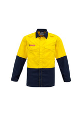 Men's Hi-Vis Spliced Shirt in yellow and navy, featuring protective materials, airflow mesh, and secure pockets for safety at work.