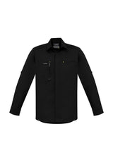 Men’s black Streetworx LS Stretch Shirt by Syzmik, featuring stretch fabric, roll-up sleeves, and multiple secure pockets.