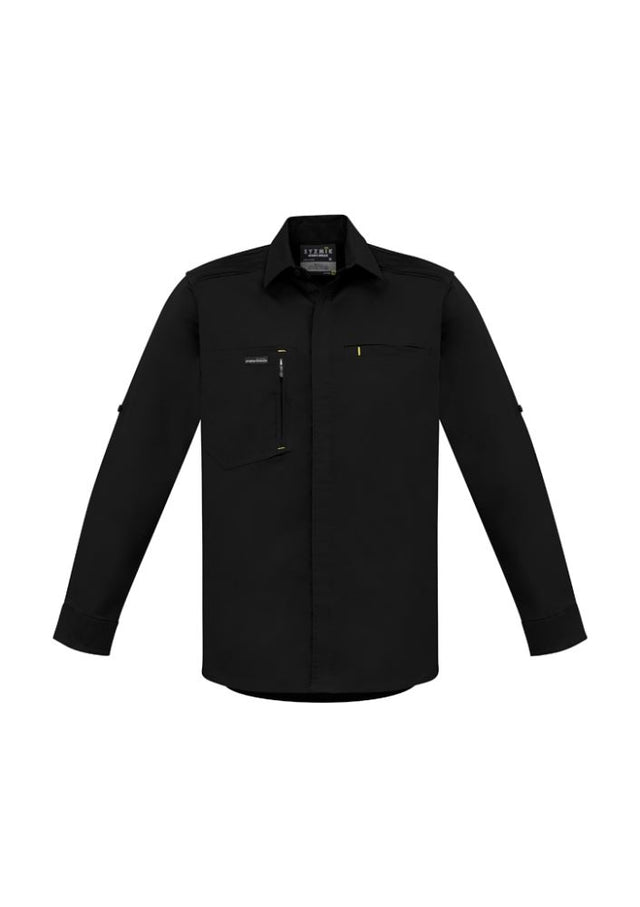 Syzmik Men's Streetworx Long Sleeve Stretch Shirt in black, XL, featuring cotton-spandex blend, roll-up sleeves, and zip pocket.