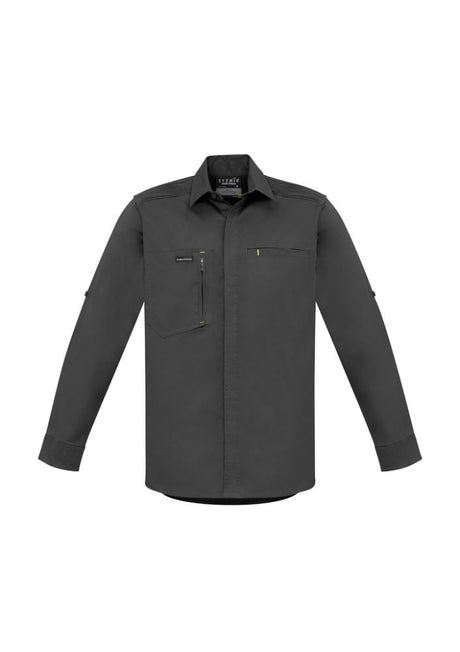 Men's Charcoal Stretch Shirt featuring roll-up tab sleeves, zip chest pocket, and modern slim fit for comfort and mobility.
