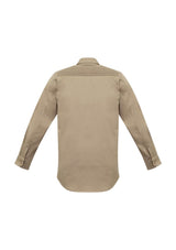 Men's khaki stretch shirt featuring roll-up sleeves, zip chest pocket, and unique shoulder pleating for comfort and mobility.