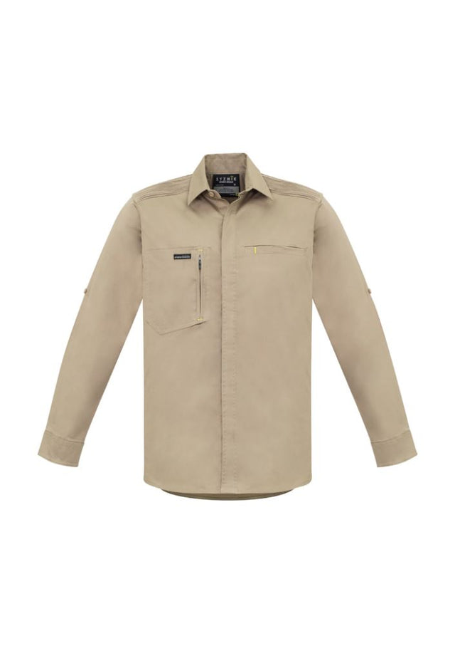 Men's khaki stretch shirt by Syzmik featuring breathable fabric, modern slim fit, roll-up sleeves, and functional zip chest pocket.