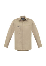 Men's khaki long sleeve stretch shirt from Syzmik, featuring roll-up sleeves, zip chest pocket, and modern slim fit.