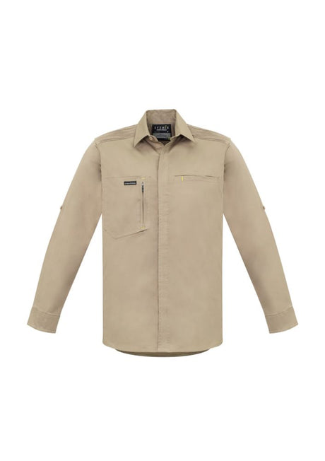 Men's khaki long sleeve stretch shirt by Syzmik, featuring lightweight fabric, roll-up sleeves, and multiple secure pockets.