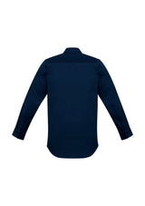 Men's Navy Streetworx Long Sleeve Stretch Shirt by Syzmik, featuring lightweight fabric, roll-up sleeves, and zip chest pockets.