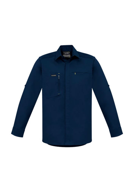 Navy long-sleeve stretch shirt for men, featuring roll-up sleeves, zip chest pocket, and modern slim fit for comfort and style.