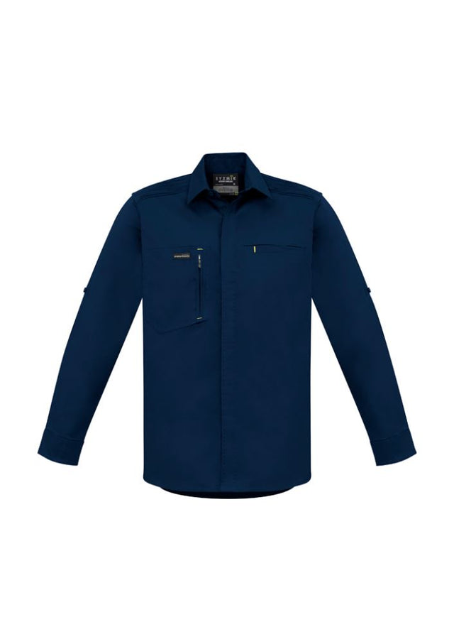 Men's Streetworx Long Sleeve Stretch Shirt in Navy, featuring roll-up sleeves, zip chest pocket, and enhanced mobility design.