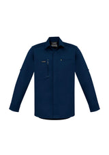 Navy Men's Streetworx LS Stretch Shirt by Syzmik, featuring a slim fit, stretch fabric, zip pocket, and roll-up sleeves.
