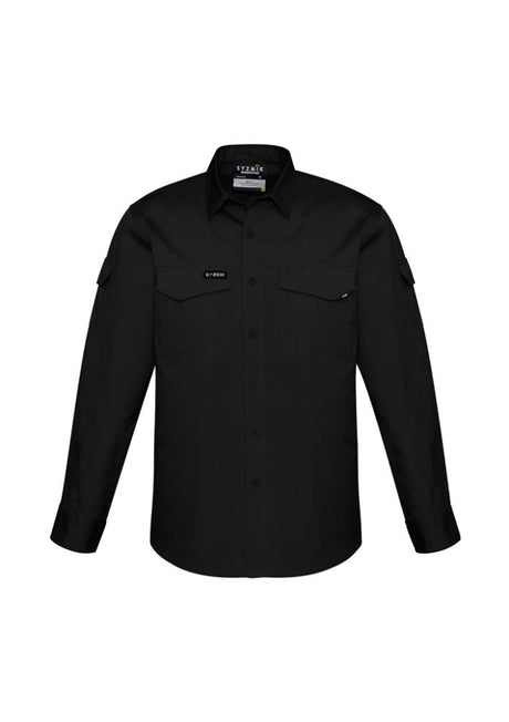 Mens Rugged Cooling Long Sleeve Shirt in Black, 7XL, featuring breathable fabric, venting, and multiple pockets for convenience.