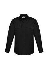 Men's Rugged Cooling Long Sleeve Shirt in black, featuring breathable cotton ripstop, mesh venting, and durable design for comfort.