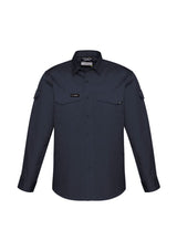 Men's rugged cooling long sleeve shirt in charcoal, featuring breathable fabric, mesh venting, and ample storage pockets.