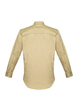 Men's khaki LS shirt by Syzmik with ripstop cotton, mesh venting, and practical pockets for outdoor adventures.