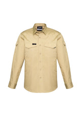 Syzmik Men's Rugged Cooling Long Sleeve Shirt in Khaki XS, featuring breathable fabric, mesh vents, and practical pockets.