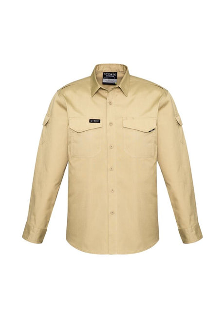 Syzmik Men's Rugged Cooling LS Shirt in Khaki, features breathable mesh vents, stretch fabric, and multiple pockets for work and outdoor use.