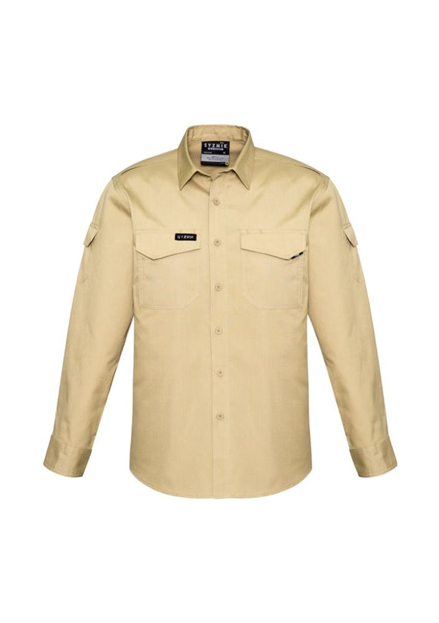 Men's rugged cooling long sleeve khaki shirt, 4XL, featuring breathable cotton, mesh venting, and multiple pockets for outdoor activities.