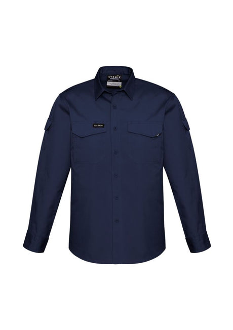 Men's rugged cooling long sleeve shirt in navy with durable cotton ripstop, mesh venting, and multiple pockets for practical outdoor use.