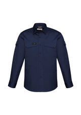 Syzmik Men's Rugged Cooling Long Sleeve Shirt in Navy, featuring breathable mesh venting, mechanical stretch, and multiple pockets.