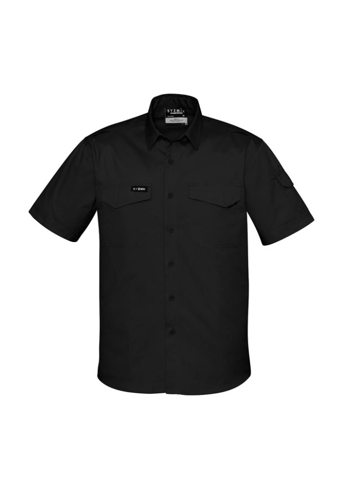 Rugged black short sleeve shirt with breathable mesh venting, chest pockets, and mechanical stretch for comfort and movement.