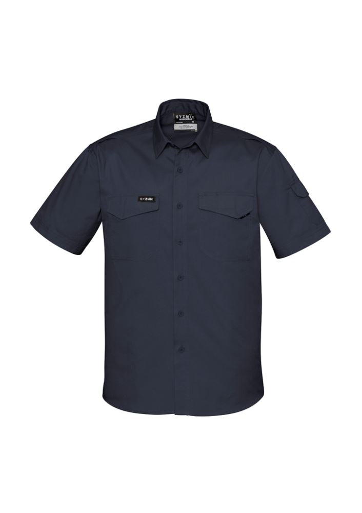 Men's rugged cooling SS shirt in charcoal, featuring lightweight ripstop cotton, mesh venting, and multiple pockets for convenience.