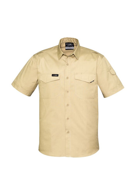 Men's Rugged Cooling SS Shirt in Khaki, featuring breathable mesh vents, stretch fabric, and multiple pockets for functionality.