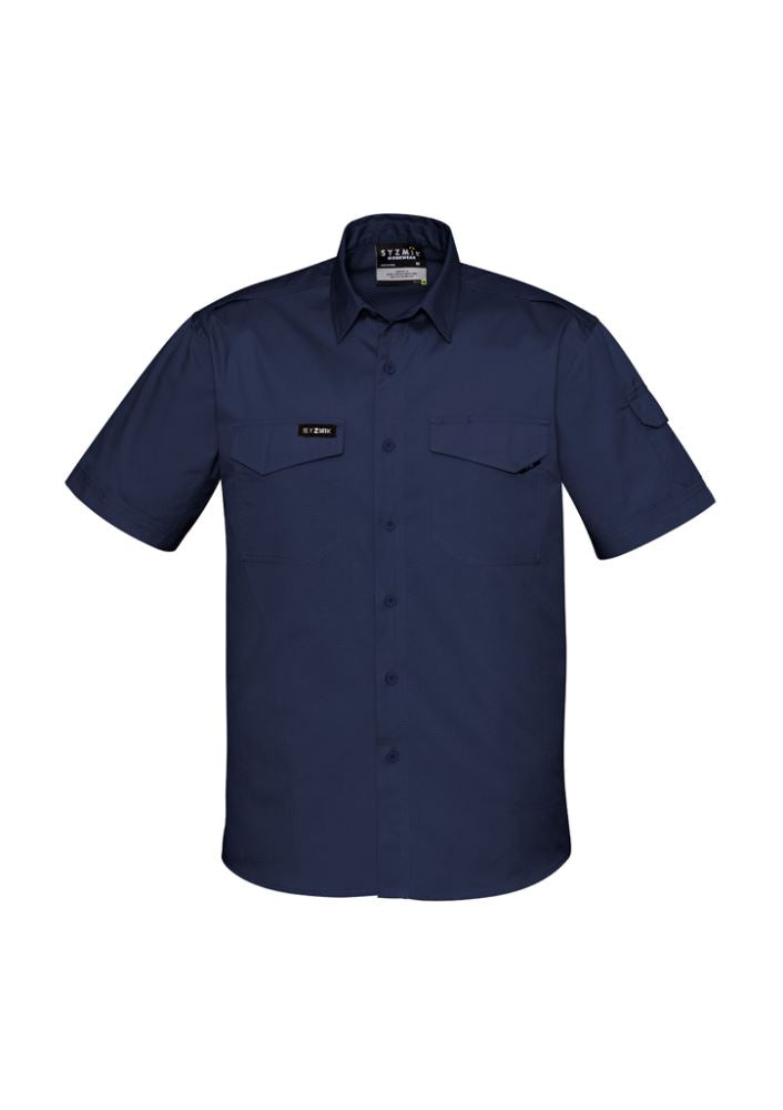 Navy 7XL short sleeve shirt by Syzmik made of breathable cotton ripstop fabric, featuring mesh vents and multiple pockets.