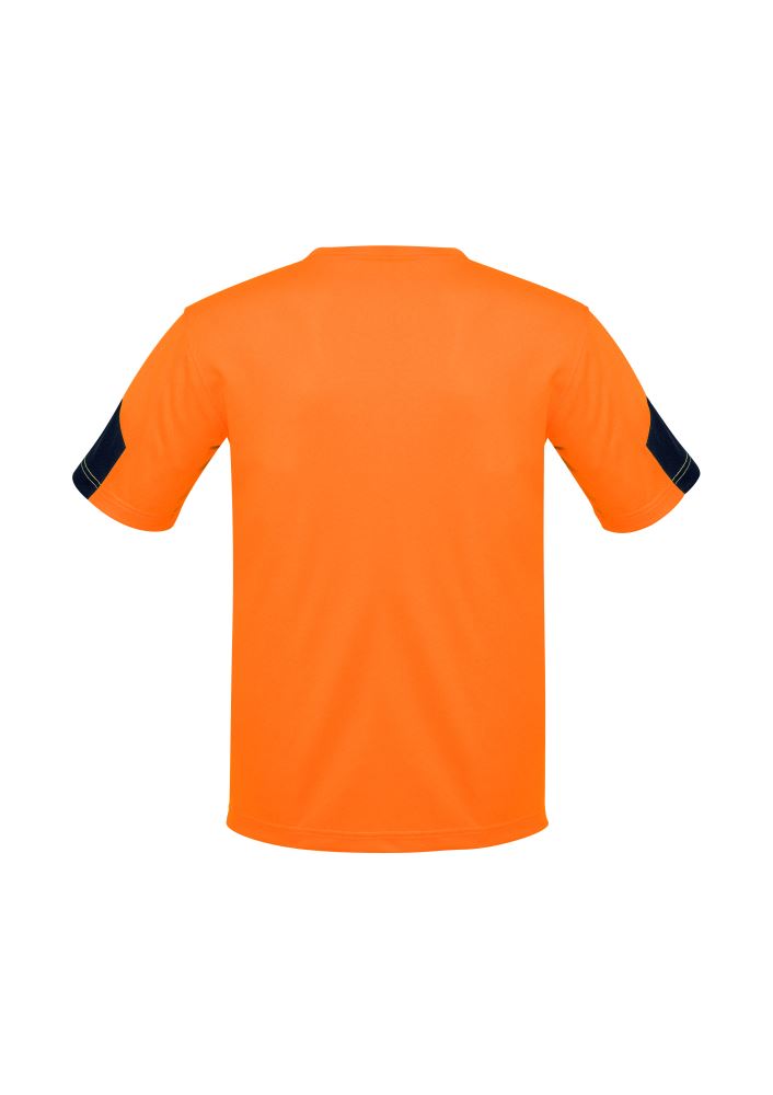 Men's orange hi-vis t-shirt by Syzmik, size L, featuring breathable polyester and a button-free placket for safety.