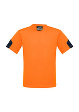 Men's orange Hi-Vis Squad T-Shirt in size L, featuring breathable fabric, button-free placket, and side arm design for comfort.