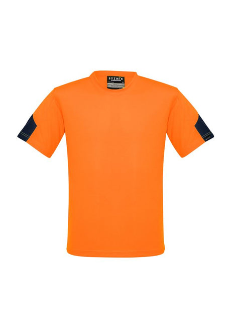 Men's orange high-visibility t-shirt by Syzmik, featuring breathable fabric and button-free placket for safety and comfort.
