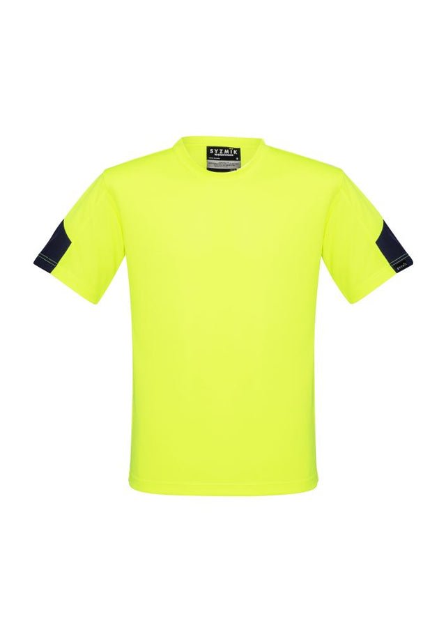 Mens Hi-Vis Squad T-Shirt in vibrant yellow, 2XL, featuring breathable polyester, button-free placket, and stylish side arm design.